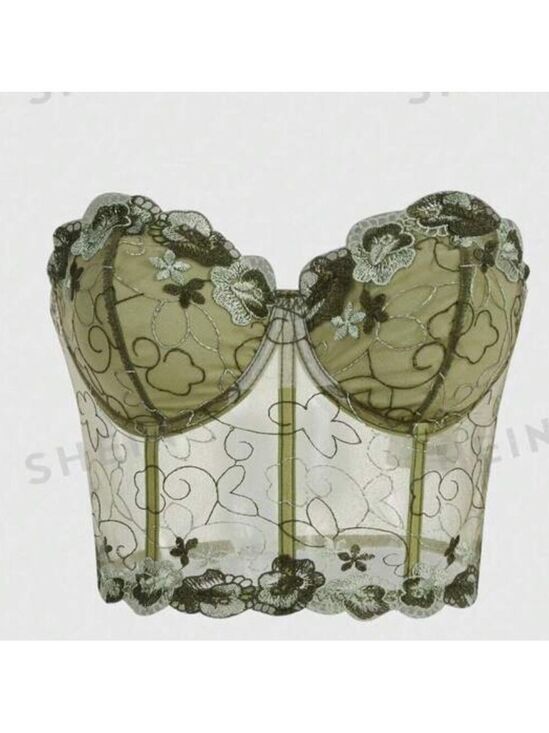 Other - ROMWE Fairycore Floral Embroidery Mesh Tube Top Olive Green Size S/4